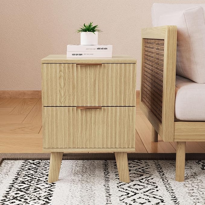 Fluted Nightstands Set of 2, Mid Century Modern 2 Drawer Dresser for Bedroom, Small Night Stand Side Table End Table with Wood Drawer Storage for Bedroom Closet, Natural