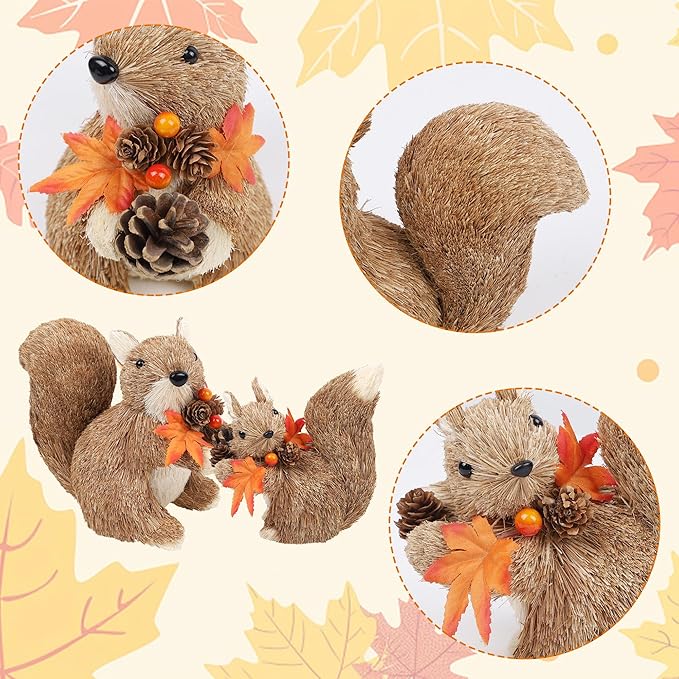 winemana Set of 2 Fall Table Decor-Squirrels with Leaves Pine Cones Thanksgiving Home Decorations Indoor Sisal Figurines, Cozy Fall Office Harvest Centerpiece Christmas Kitchen Décor