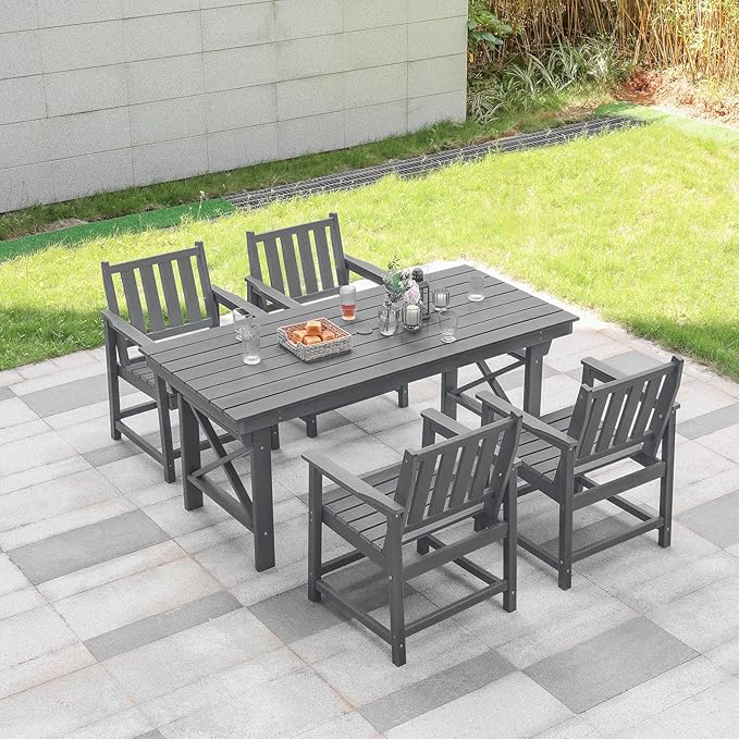 HDPE Patio Dining Set, 5-Piece Outdoor Table and Chairs with Umbrella Hole, Modern Outdoor Dining Set for 4, HDPE Outdoor Patio Furniture Dining Sets for Deck, Poolside, Porch, Smoke Gray