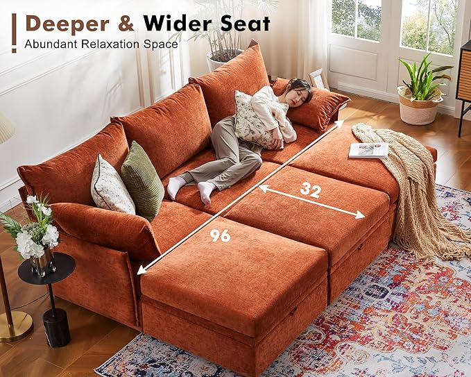 102.6" Modular Sectional Sofa, L Shaped Couch Set for Living Room, 3-Seater Comfy Cloud Couches with Movable Storage Ottoman,DIY Combination - Chenille Terracotta Orange