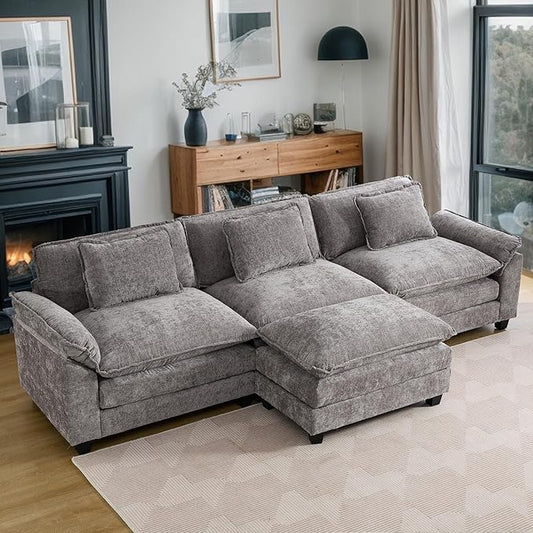 URRED Modular Sectional Sofa Comfy Cloud Couch, Modern Chenille Sofa Sleeper Deep Seat Couches with Ottoman/Pillows for Living Room (Gray, 117''- L Shape)