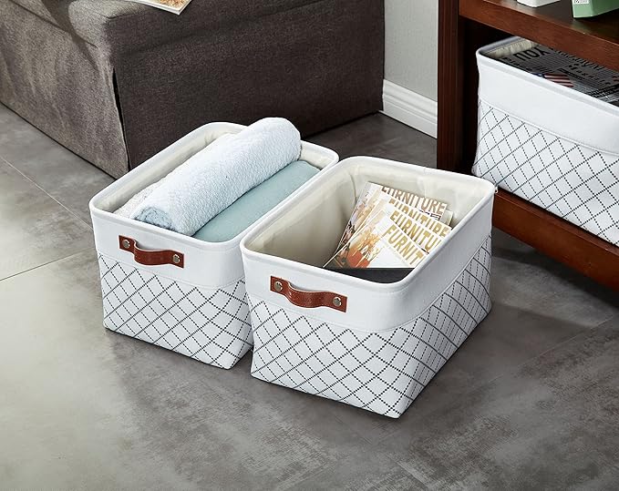 DECOMOMO White Storage Bins Fabric Storage Baskets for Shelves, Linen Closet Organization Toys Nursery (White Check, Large - 3 Pack)
