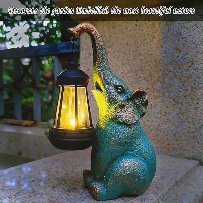 Elephant Garden Statue Outdoor Décor with Solar Lights Lantern,Elephant Solar Light Figurines Outside Decorations for Yard,Lawn Patio, Balcony, Unique Housewarming Gifts