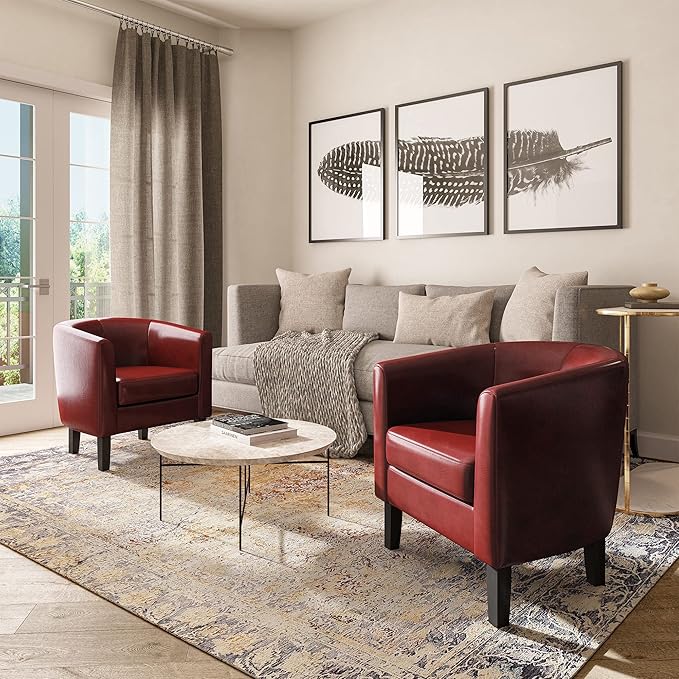 BELLEZE Accent Barrel Chair,Set of 2 Round Chair Club Tub Sofa Corner Chair with Flared Legs and Cozy Soft Padding for Living Room Bedroom Waiting Room - Red