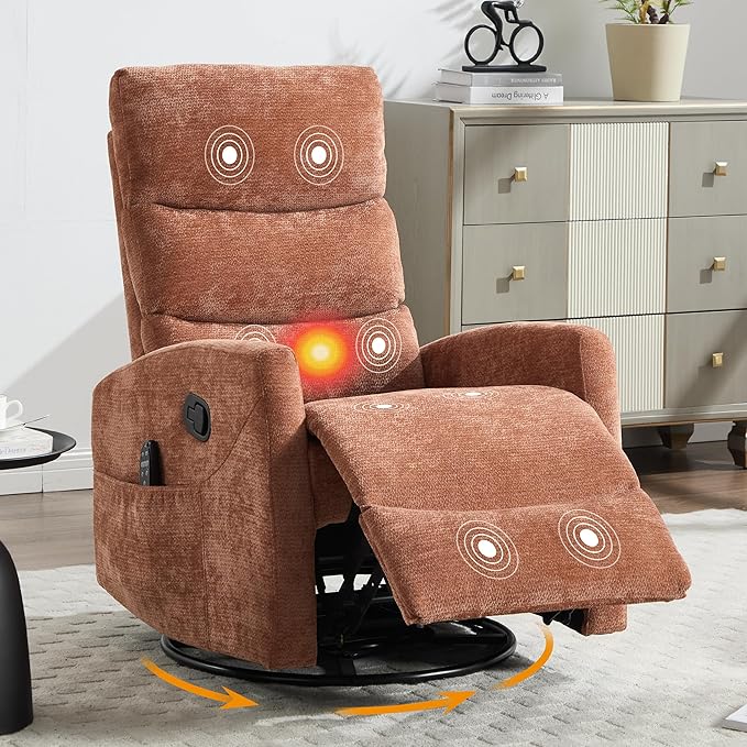 Manual Swivel Rocker Recliner Chair for Adults, Overstuffed Reclining Glider Chair for Nursing with Vibration Massage & Heat, Living Room Rocking Recliner 3-Stage backrest, Chenille Fabric Orange