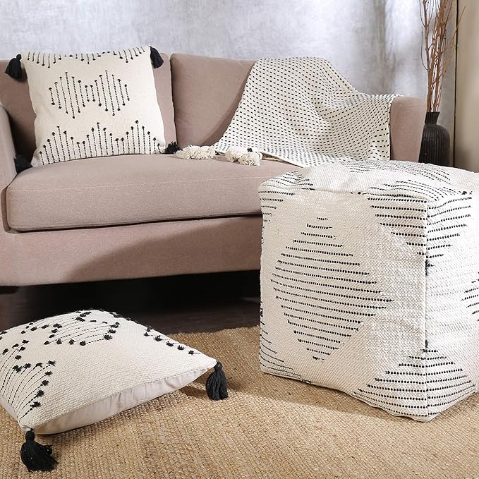 REDEARTH · UNSTUFFED Pouf Ottoman Cover Textured Boho Storage Square Home Decor Poof Pouffe Space Saver Footrest for Living Room, Bedroom, Nursery, Kidsroom; 100% Cotton (18"x18"x18"; Black)