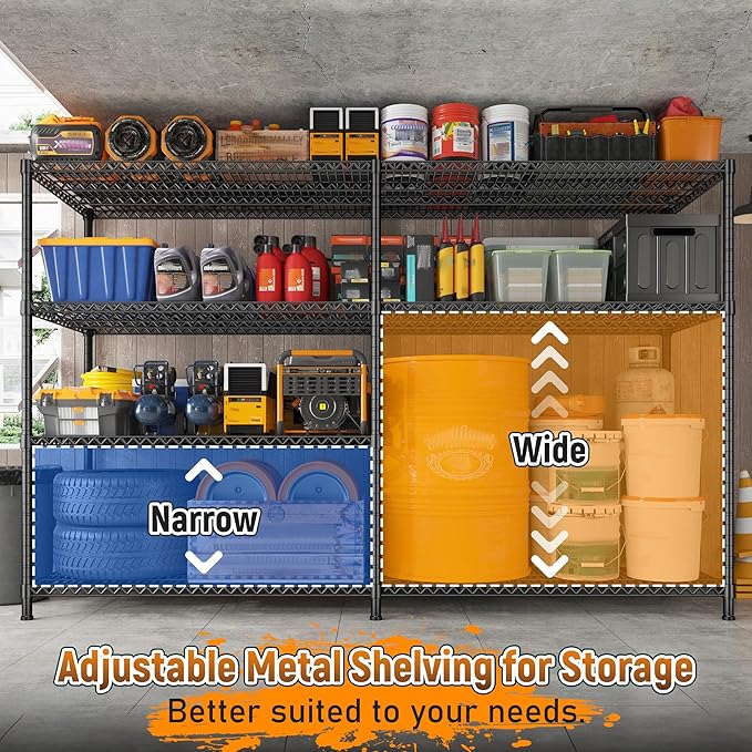 REIBII 81.5''W Storage Shelves 3680LBS Garage Shelving Heavy Duty 4 Tier Metal Shelving Unit Adjustable Wire Shelf and Storage Pantry Shelves for Kitchen Garage,81.5Wx23.62Dx70.86H,Black