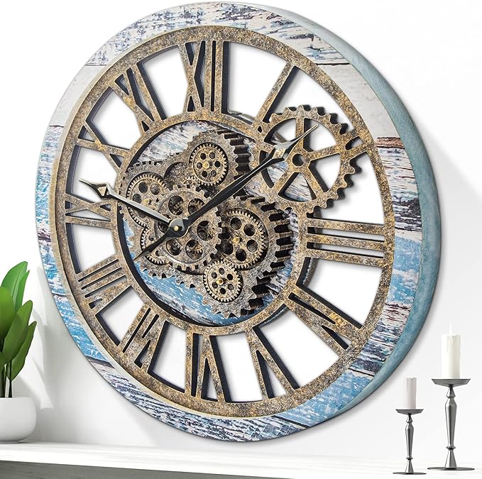 HOIBAI Large Wall Clock, Wall Clocks for Living Room Decor 20 Inch Farmhouse Vintage Rustic Kitchen Wall Decor Vintage Roman Oversized Wall Clock for Home Bedroom House Office, Moving Gears Clock