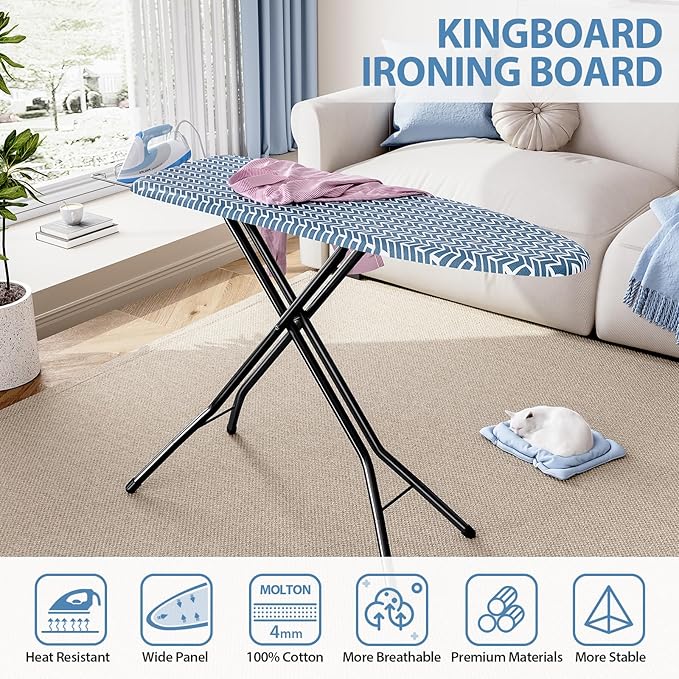 KINGBOARD Ironing Board, Foldable Iron Board with Iron Rest, Compact Ironing Board with Height Adjustable, Extra Thick Heat-Resistant Cover, Heavy-Duty Sturdy Metal Legs, 43x13 Blue