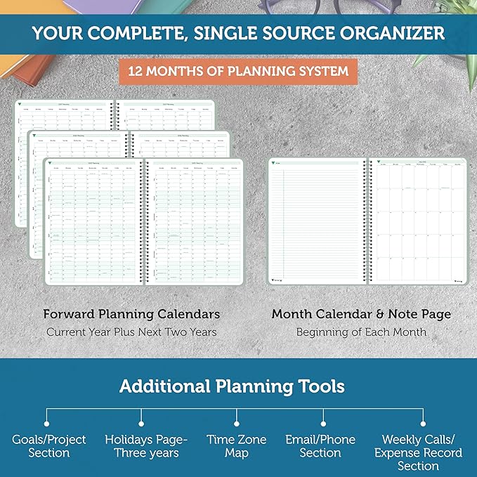 Planner Pad Spiral Bound 3-Tier Funnel Down 12 Month Organizer, July 2025 – June 2026 / Academic Year, Greenish Grey Cover/Soft Green Ink, 8 1/2" x 11"