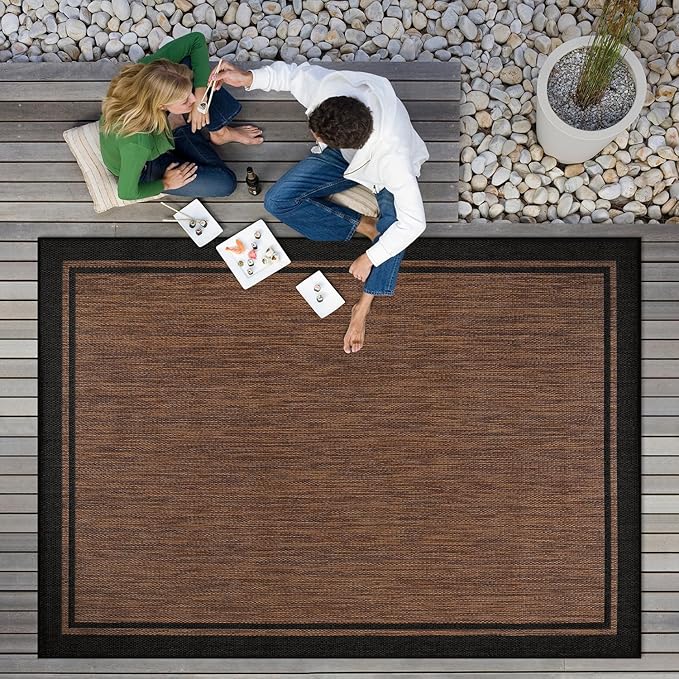 CAMILSON Indoor Outdoor Rug, 6x9 Bordered Nut Brown Black Modern Area Rugs for Indoor and Outdoor Patios, Kitchen and Hallway Mats, Washable Porch Deck Outside Carpet (Bordered Nut Brown Black, 6 x 9)