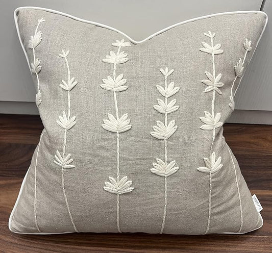 VAGMINE Hand Embroidered Daisy Accent Throw Pillow Cover - 20x20 Inches Square - 100% Linen Natural Decorative Cushion Cover for Couch, Sofa, Bed - Textured Embroidery - Boho Floral Home Décor