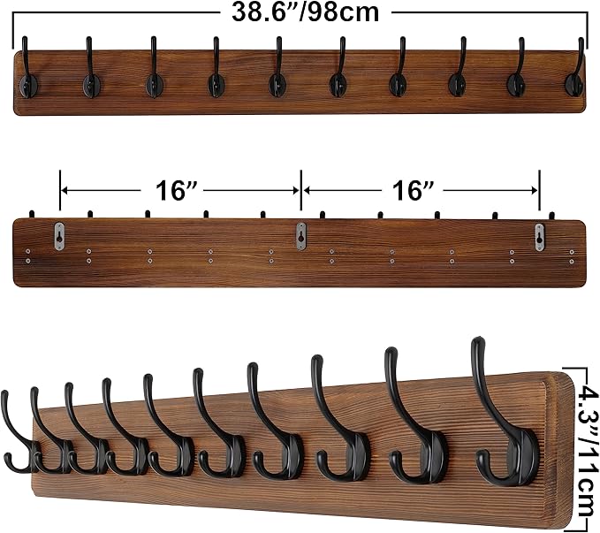 SKOLOO Farmhouse Style Wall Mounted Coat Rack, 38.6'' Pine Solid Wood Coat Hook Hanger - 10 Hooks for Hanging Clothes Robes Towels Coats