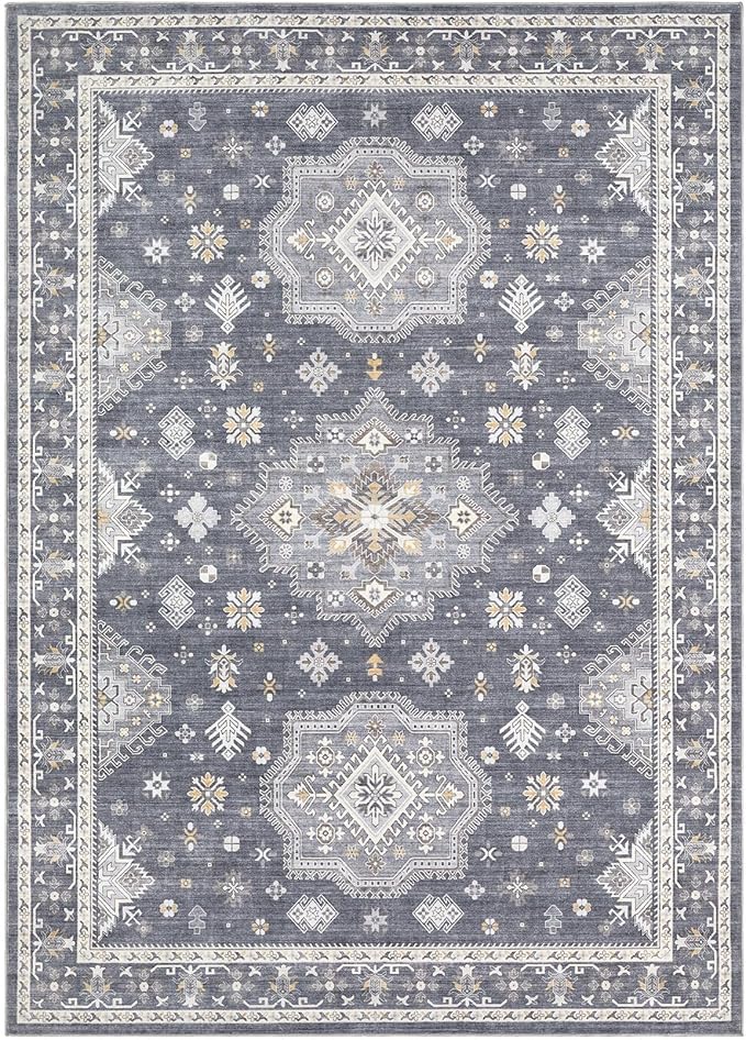 Washable Area Rugs for Living Room - 7x9 Neutral Vintage Distressed Floral Farmhouse Boho Large Soft Floor Rug Indoor Non Slip Carpet for Living Room Bedroom Dining Room Office - Denim Blue/Grey