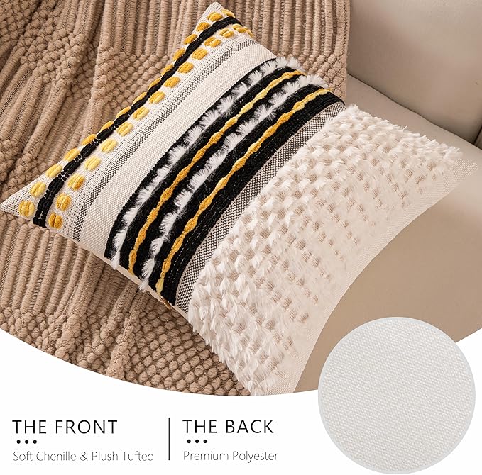 Boho Chenille Tufted Couch Throw Pillow Covers 18x18 Inch Set of 2 Farmhouse Striped Decorative Pillow Covers Accent Neutral Pillowcase Black Yellow Cushion Cover for Living Room Sofa Bed
