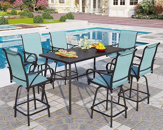 PHI VILLA 7 Piece Outdoor Bar Dining Set, High Top Patio Table and Chairs with 6 Swivel Teal Bar Stools & 40" Rectangle Metal Bar Table for Garden, Yard and Deck