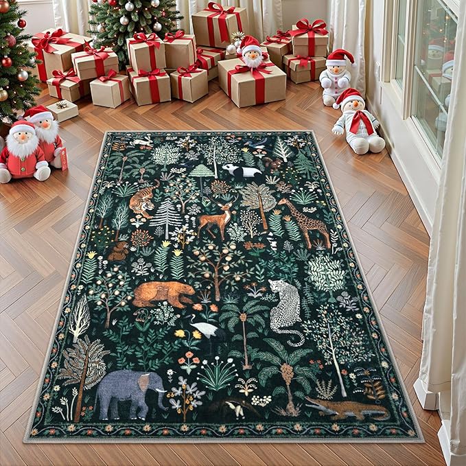 OJIA Jungle Print 5x7 Area Rugs for Living Room, Green Soft Washable Rugs for Bedroom Ultra-Thin Non-Slip Modern Rug, Stain Resistant Nursery Rug Carpet for Kids Playroom Nursery Dining Room