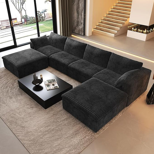 157.5" U Shaped Modern Sofa Modular Sectional Cloud Couch with 2 Ottoman,Deep Seat Upholstered Couches with Corduroy Fabric for Living Room Furniture,Bedroom and Apartment,No Assembly Required,Black