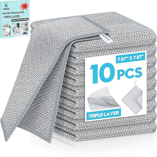 10 Pcs New Upgraded 3 Layers Non Scratch Wire Dishcloth, Multipurpose Wire Dishwashing Rags, Wet & Dry for Cookware, Sinks, Dishes, Stoves & Fireplaces 7.87“ x 7.87”