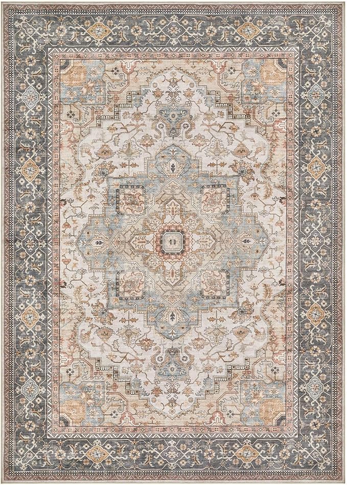 Washable Area Rugs for Living Room - 9x12 Neutral Vintage Distressed Floral Farmhouse Boho Large Soft Floor Rug Indoor Non Slip Carpet for Bedroom Dining Room Office -Forest Green Orange