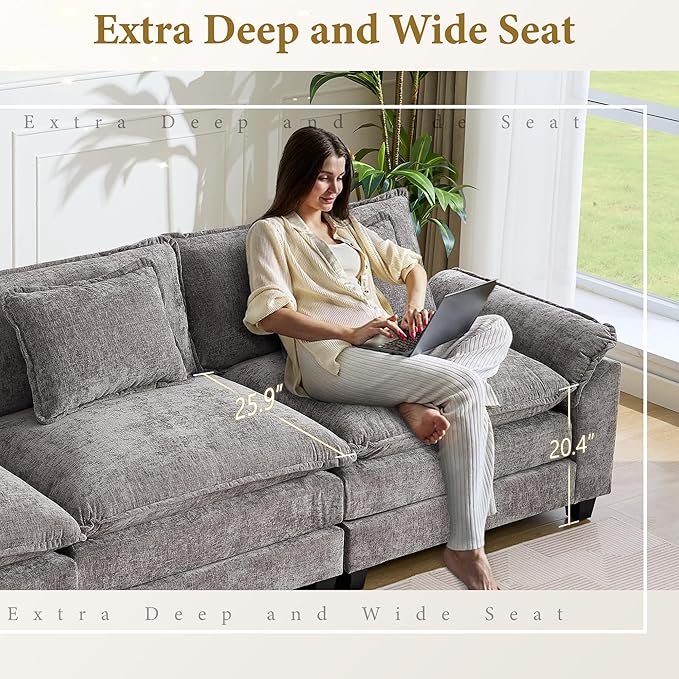 URRED Modular Sectional Sofa Comfy Cloud Couch, Modern Chenille Sofa Sleeper Deep Seat Couches with Ottoman/Pillows for Living Room (Gray, 82.6''- L Shape)