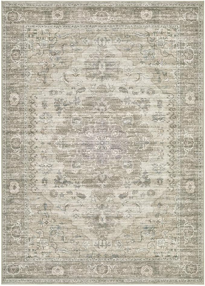 Washable Area Rugs for Living Room -10x13 Neutral Vintage Distressed Floral Farmhouse Boho Large Soft Floor Rug Indoor Non Slip Carpet for Living Room Bedroom Dining Room Office-Brown/Tan