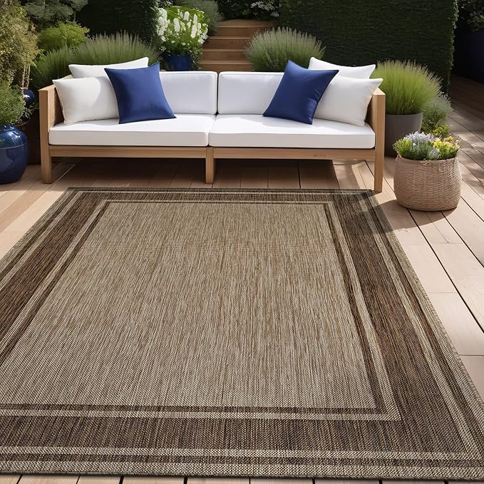 Beverly Rug Large Outdoor Rug 9x12 Modern Bordered Area Rugs for Indoor and Outdoor Patio Deck Porch Garden Waterproof Weather Sun Resistant Washable Outside Carpet (9 x 12 Jute)