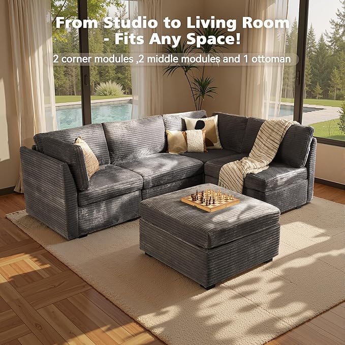 Modular Sectional Sofa, 130.7" L Shaped Couch Set for Living Room, 4-Seater Comfy Cloud Couches with Movable Ottoman, DIY Combination, Plush Corduroy, Gray