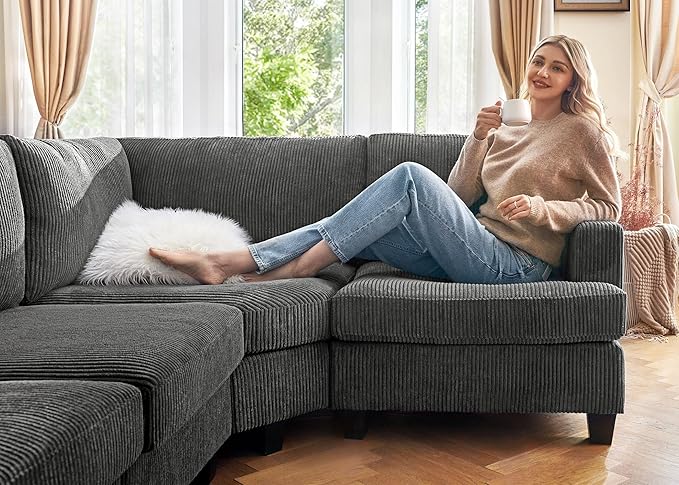 Nolany U Shape Oversized Corduroy Modular Sectional Sofa with Storage Ottoman, Dark Grey