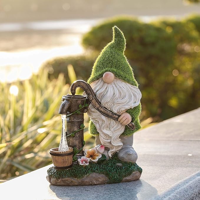 TERESA'S COLLECTIONS Resin Garden Gnomes Decor with Solar Lights, Fathers Gifts, Green Outdoor Decorations for Porch Patio, Gifts for Dad and Mom,Outdoor Garden Decor Ornaments for Outside, 10"
