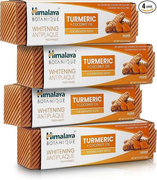 Himalaya Botanique Turmeric & Coconut Oil Whitening Antiplaque Herbal Toothpaste, Whitens Teeth, Fluoride Free, No Artificial Flavors, SLS Free, Vegan, Cruelty Free, Foaming, Mint Flavor, 4 Oz, 4 Pack
