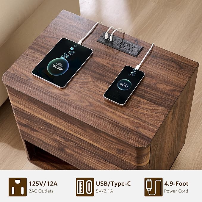 Nightstand with Charging Station, 22" Push-to-Open Bedside Table with 2 Storage Drawers, Large Modern End Table for Bedroom,Living Room,Brown
