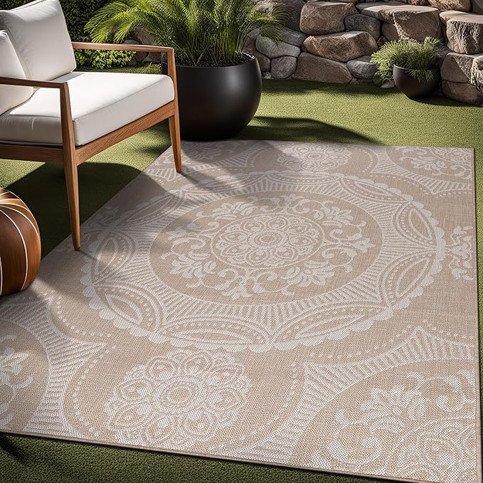Medallion Outdoor Rug 6x9 Washable Outside Carpet for Indoor Patio Porch Waterproof Easy Cleaning Non Shedding Area Rugs Beige 6 x 9