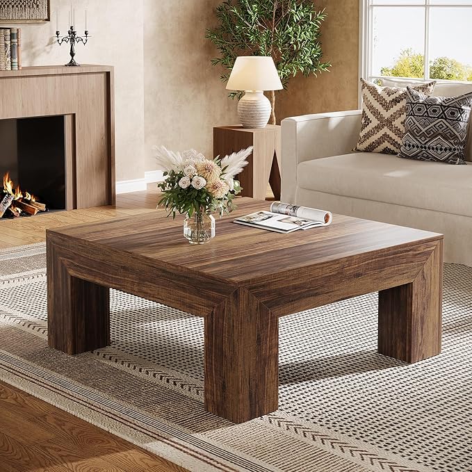 Tribesigns 39.4-Inch Square Coffee Table for Living Room, Farmhouse All MDF Accent Center Cocktail Table with Sturdy Wooden Legs, Easy Assembly, Dark Brown