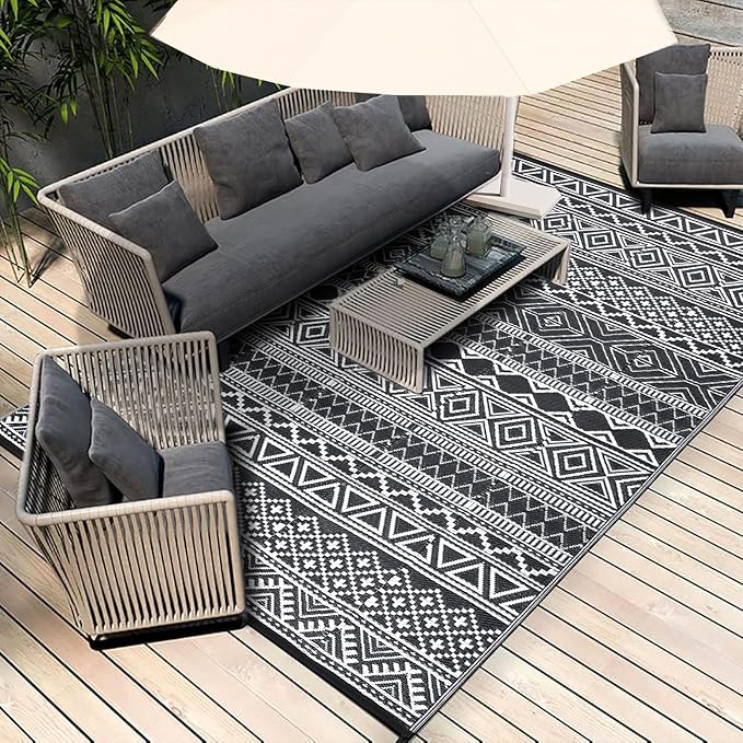 GAOMON Reversible Outdoor Rug 9'x18' Waterproof Plastic Straw Rug, Patio Rug, Large Modern Area Rug Carpet, Indoor Outdoor Rugs for Camping, Porch, Deck, Balcony, Backyard, Black/White(Bohemia)