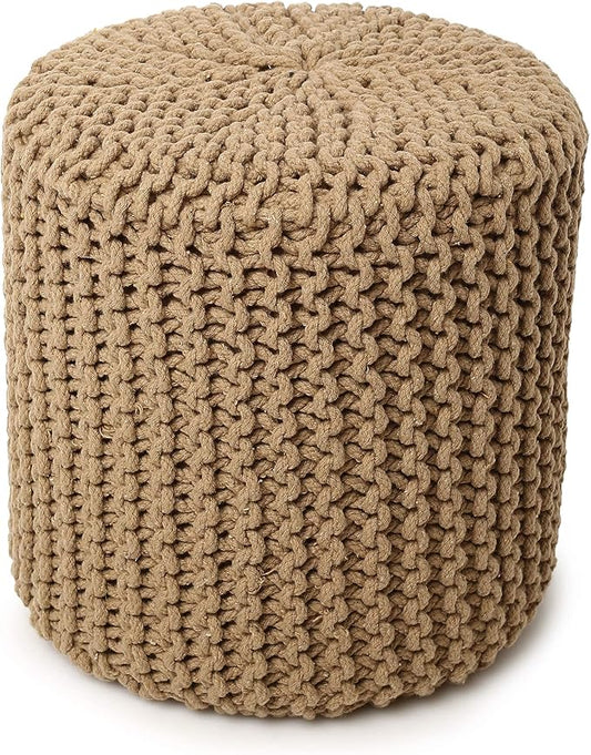 REDEARTH Pouf Ottoman - Cylindrical Knitted Poof - Cord Boho Pouffe - Cotton Round Foot Stool Puff for Home Decor - Living Room - Nursery - Bedroom - Patio - Lounge (16" x 16" x 16") - Beige