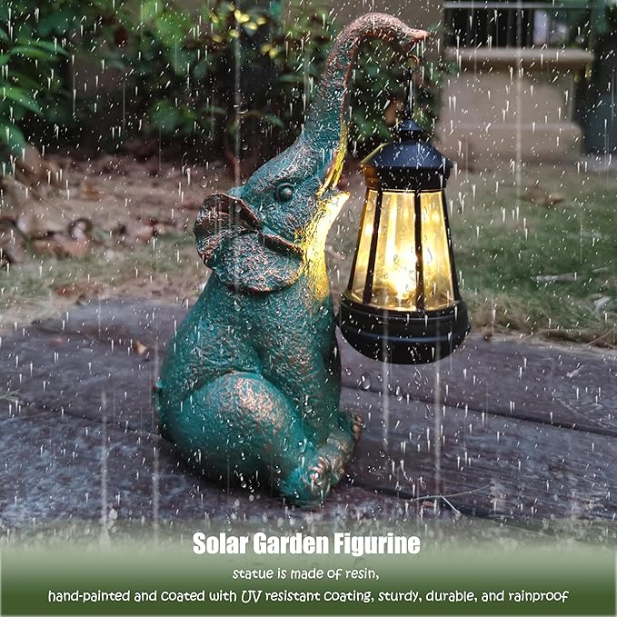 Elephant Garden Statue Outdoor Décor with Solar Lights Lantern,Elephant Solar Light Figurines Outside Decorations for Yard,Lawn Patio, Balcony, Unique Housewarming Gifts
