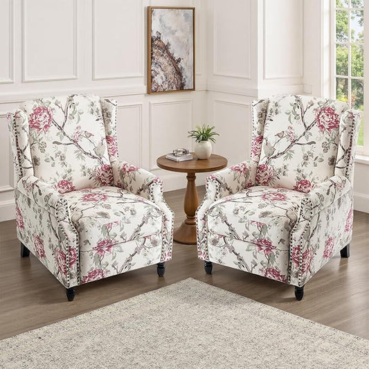 UIXE Recliner Chairs Set of 2, Fabric Armchair Upholstered Pushback Accent Chair for Living Room, Rivet Trim Club Chair Home Theater Single Sofa Bedroom Side Reading Seat - Beige Floral