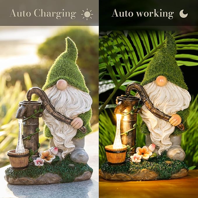 TERESA'S COLLECTIONS Garden Gnomes Decor with Solar Lights, Fathers Gifts, Green Outdoor Resin Decorations for Porch Patio, Gnome Ornaments for Dad and Mom,9"