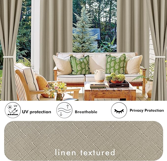 HolidayIdeas 2 Panels Linen Outdoor Curtains for Patio Waterproof Taupe Curtains 84 inch Length-Indoor Outside Curtains Weatherproof, Privacy for Pergola, Porch, Cabana, Gazebo 54" Wide x 84" Long