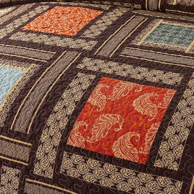 NEWLAKE Cotton Patchwork Bedspread, 3-Piece Bedding Quilt Set with Real Stitched Embroidery, Reversible Matelasse Bed Coverlet Set,Bohemian Farmhouse,King Size