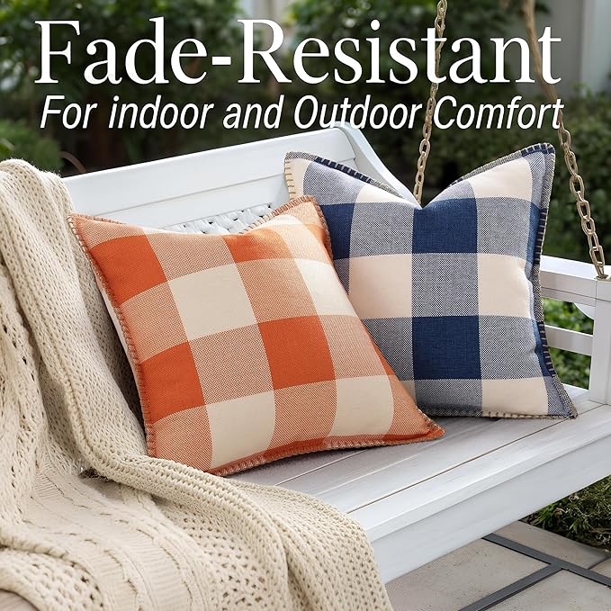 decorUhome Buffalo Plaid Check Throw Pillow Covers 18x18 Set of 2, Outdoor Decorative Farmhouse Neutral Pillow Covers with Stitched Edge for Bed Couch Sofa, Navy Blue and White