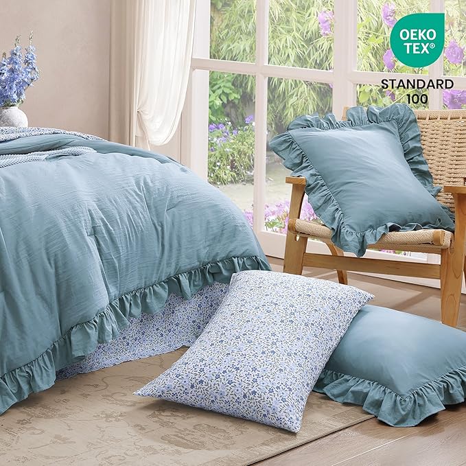 King Comforter Set - 7 Pieces Ruffle Blue Bedding Sets, Shabby Chic Farmhouse Bed in a Bag King with Ruffle Comforter, Floral Sheets, Pillowcases & Shams