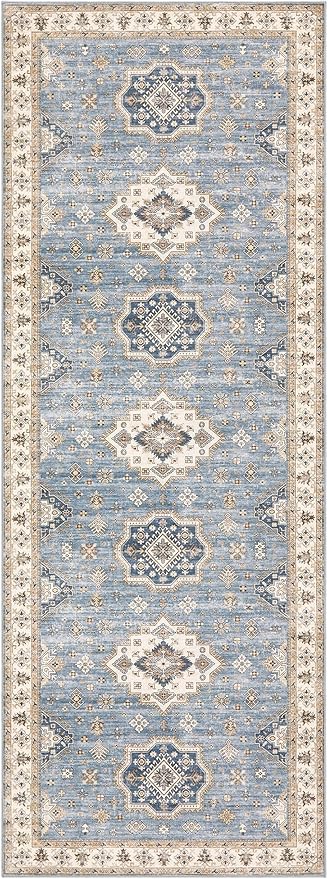 Washable 2x6 Runner Rug - Area Rugs Neutral Vintage Distressed Floral Farmhouse Boho Large Soft Floor Rug Indoor Carpet for Hallway Entryway Bedroom Kitchen - Blue