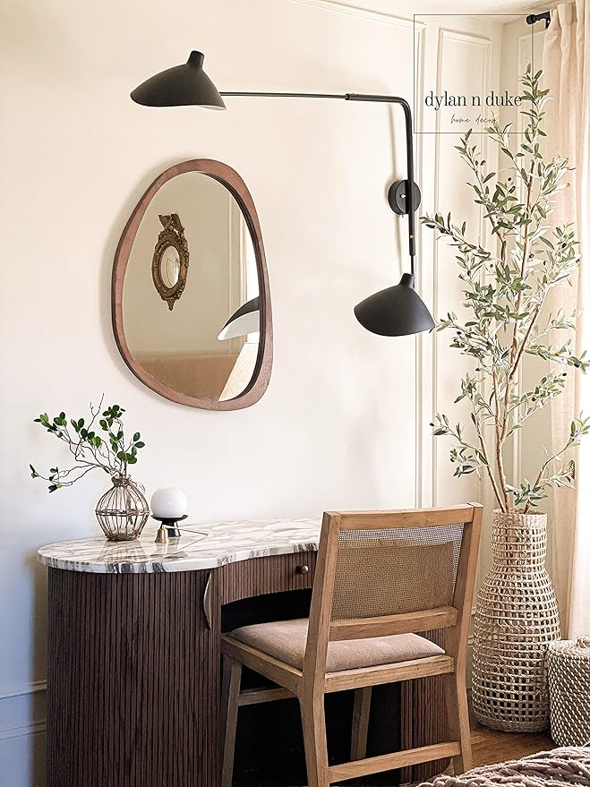 Irregular Wood Frame Boho Mirror - Large Wall Mounted Accent, Asymmetrical, Modern Aesthetic Wall Decor for Bedroom, Entryway, Living Room, Bathroom (Brown)