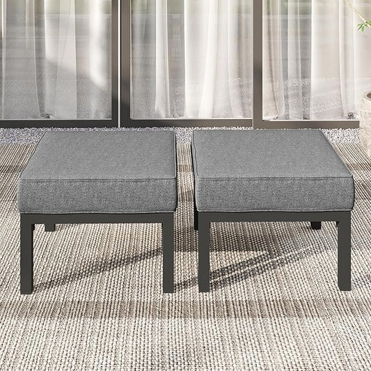 Solaste Outdoor Footstools Patio Ottoman Set of 2, Aluminum All-Weather Outdoor Footrest Seat with Removable Cushions, Patio Furniture Ottomans for Garden, Backyard, Poolside-Gray