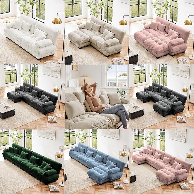 Modular Sectional Sofa, Comfy Cloud Couch 3 Seater Couch with Ottoman, Sectional Couches for Living Room, Modern Chenille L Shaped Couches, Sleeper Deep Seat Sofa with Throw Pillows, Blue