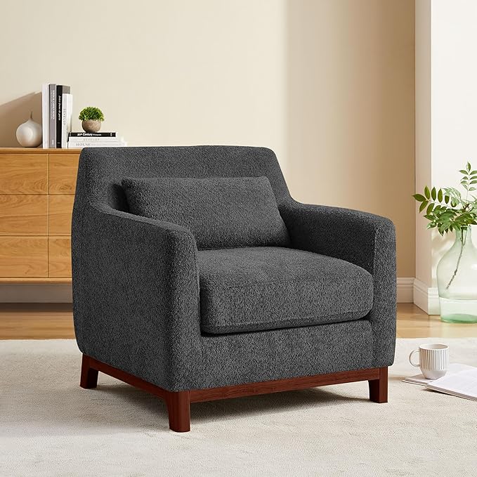 Extra Deep Accent Chair, Comfy Fabric Armchair with Wood Base, Upholstered Single Sofa Chair for Living Room & Bedroom, Boucle Dark Gray