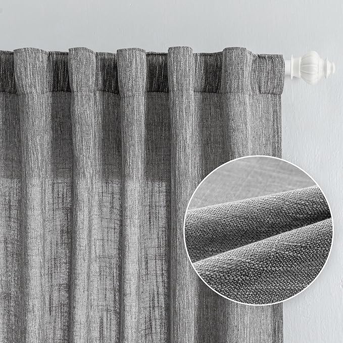 MYSKY HOME 95 Inch Curtains Farmhouse Light Filtering Privacy Curtain Drapes for Patio Door Living Room, Linen Look Texture Fabric Bohemian Draperies Soft Touch, 50x95, Dark Grey, 2 Panels