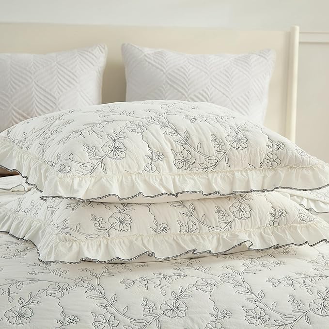 MarCielo 3-Piece 100% Cotton Bedspread Lightweight Quilt Coverlet Embroidery Farmhouse Bedding Set (Floral,King (106" X 98"))